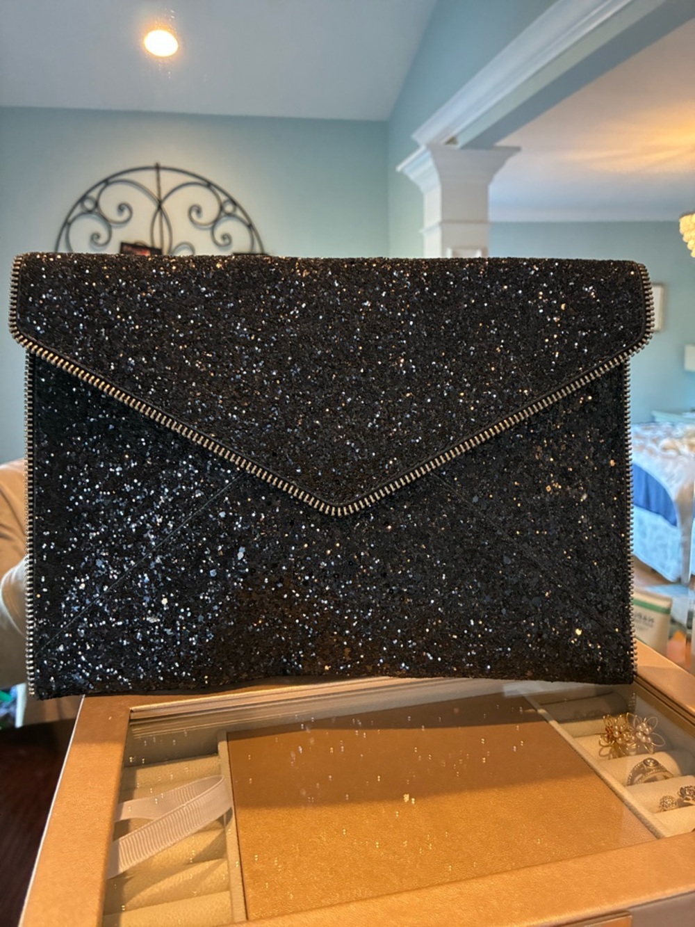 Rebecca Minkoff Black Glitter Envelope Clutch
